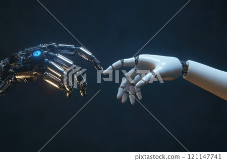 Human and Robot Hands Reaching Out in a Symbolic Connection of Technology and Humanity 121147741