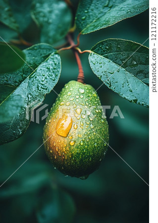 Fresh avocado hanging from a branch adorned with glistening water droplets in a lush garden setting 121172216