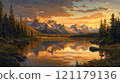 A painting of a mountain range with a lake in the foreground 121179136