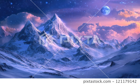 A beautiful mountain range with a large blue moon in the sky 121179142