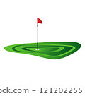 illustration graphics a golf green with a red flag with a white pole with a small dimple pattern in the hole against a light gray background with isolated white background 121202255