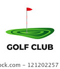 illustration graphics a golf green with a red flag with a white pole with a small dimple pattern in the hole against a light gray background with isolated white background 121202257