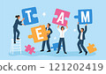 Office staff assemble puzzle. Well coordinated teamwork. Employees solving common problem. Business people working together. Collogues cooperation. Team building. Garish vector concept 121202419