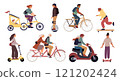 People ride electric city transport. Citizens travel by eco friendly vehicles. Self propelled skateboard and scooter. Man driving motorbike. Woman on gyroscooter. Garish vector set 121202424