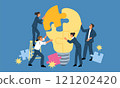 Office staff solve problem. People working together to assemble light bulb from puzzle pieces. Idea development. Successful employees teamwork. Team brainstorming. Garish vector concept 121202420