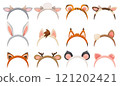 Party animal headbands. Cute kids headwear. Different ears and horns. Photo booth props. Tiger and rabbit. Birthday costume. Holiday accessory. Portrait zoo elements. Recent vector set 121202421