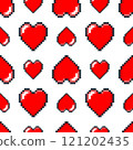 Pixel hearts seamless pattern. Repeated love and romance objects. 8 bit retro arcade games life elements. Red amour icon. Romantic passion. Saint valentine day print. Vector background 121202435