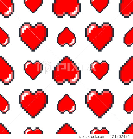 Pixel hearts seamless pattern. Repeated love and romance objects. 8 bit retro arcade games life elements. Red amour icon. Romantic passion. Saint valentine day print. Vector background 121202435