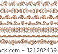 Seamless mehndi borders. Ornamental floral elements. Decorative swirl lines. Indian art. Henna pattern. Ethnic oriental style. Arabesque lace. Traditional tattoo. Splendid vector set 121202439