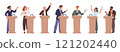 Speakers speak from stands. Political debate discussions. Presidential candidates with programs. People standing at tribunes. Election campaign. Politician speech. Garish vector set 121202440