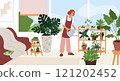 Woman takes care of indoor plants. Happy girl watering potted flowers. Cozy interior. Palm and succulent in flowerpots. Home gardening process. Domestic greenhouse. Garish vector concept 121202452