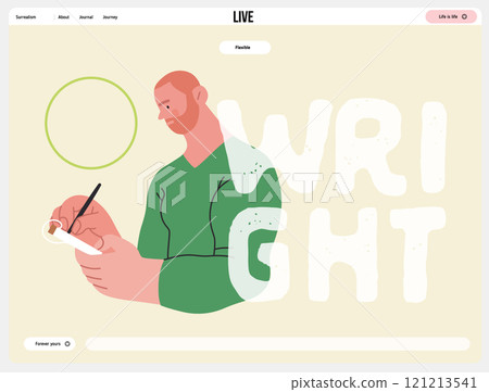 Writing people, modern flat vector concept illustration- standing man thoughtfully writing on notebook, bubble near head Metaphor for reflection, personal insight, contemplation, creative expression 121213541