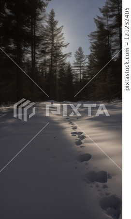 Mysterious animal footprints winding along a snowy forest path at dusk 121232405