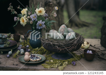 Organic farm products on ancient old wooden table in forest house created with generative ai tools. 121243145