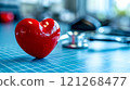 A red heart sitting on top of a table next to a stethoscope 121268477