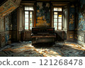 A piano sits in an abandoned room with peeling paint on the walls 121268478