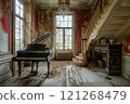 A grand piano sitting in an abandoned room with a chandelier 121268479