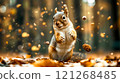 A squirrel standing on its hind legs in the woods 121268485