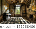 A piano sits in an abandoned room with a checkered floor 121268480