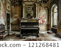 A piano in an abandoned room with peeling paint on the walls 121268481