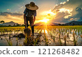 A man in a straw hat is working in a rice field 121268482