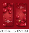 Valentines Day vertical banners with hearts, golden stars, and confetti on a red background 121273104