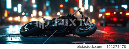 Motorcycle accident on urban street at night with blurred city lights 121273478