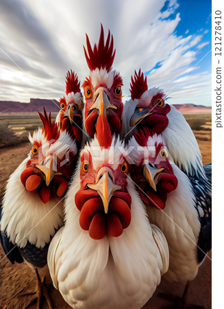 selfie of a group of roosters huddled together taking a group selfie, chicken group selfie 121278410