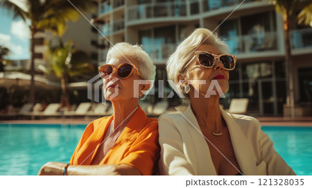 Two elegant senior businesswomen are relaxing by the poolside at a luxury resort, enjoying their retirement 121328035