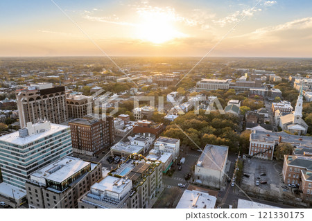 Historical American city architecture at night. Savannah, old city in Georgia state. Illuminated streets and buildings from above 121330175