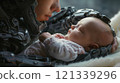 A Cyborg Holding a Baby, blending technology and humanity in a moment of tenderness and protection 121339296