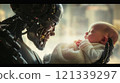 A cyborg with a baby symbolizes modern parenting, combining advanced technology and human emotions 121339297