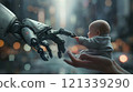 Robot hand reaches out to newborn, symbolizing connection between humanity and technology 121339290