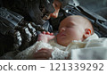 A Cyborg Guardian showing affection and care for a sleeping baby in a futuristic nursery 121339292