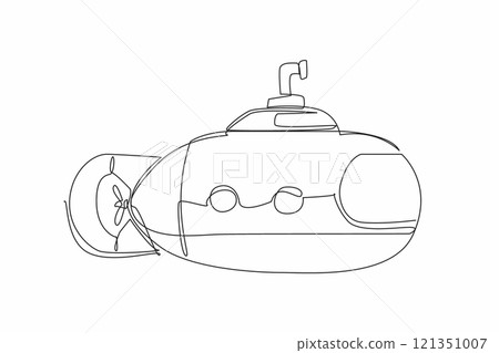 Single continuous line drawing submarine that moves beneath the surface of the water. Navy combat vehicle. The heroes under water. Maritime. National Submarine Day. One line design vector illustration 121351007