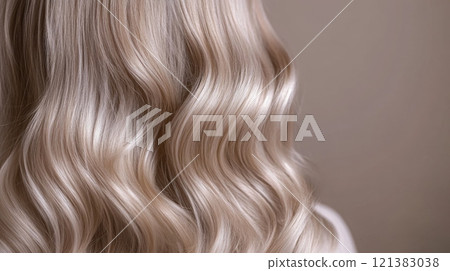 Long, wavy blonde hair shines softly, cascading down the back while highlighting its texture and color. 121383038