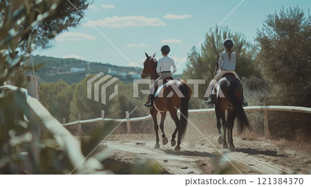 Two riders enjoy a leisurely horseback ride on a dusty trail surrounded by trees and hills under a clear blue sky. 121384370