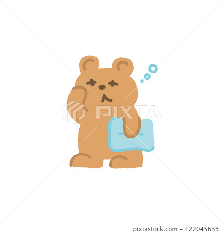 Illustration of a bear with a sleepy face holding a pillow and rubbing its eyes. Character. Hand-drawn. 122045633