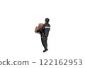 Miniature figurine of a delivery worker carrying packages isolated with clipping path 122162953