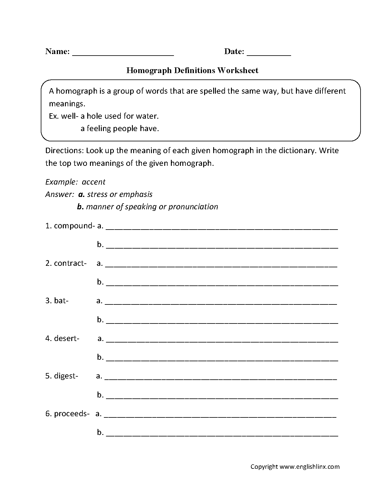 Homograph Definitions Worksheet