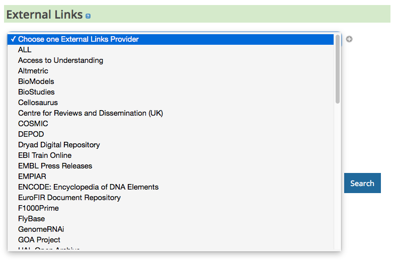External links dropdown on advanced search page