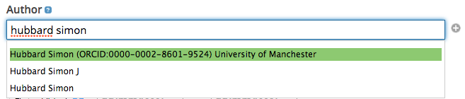 Author name search demonstrating an author and ORCID suggestion