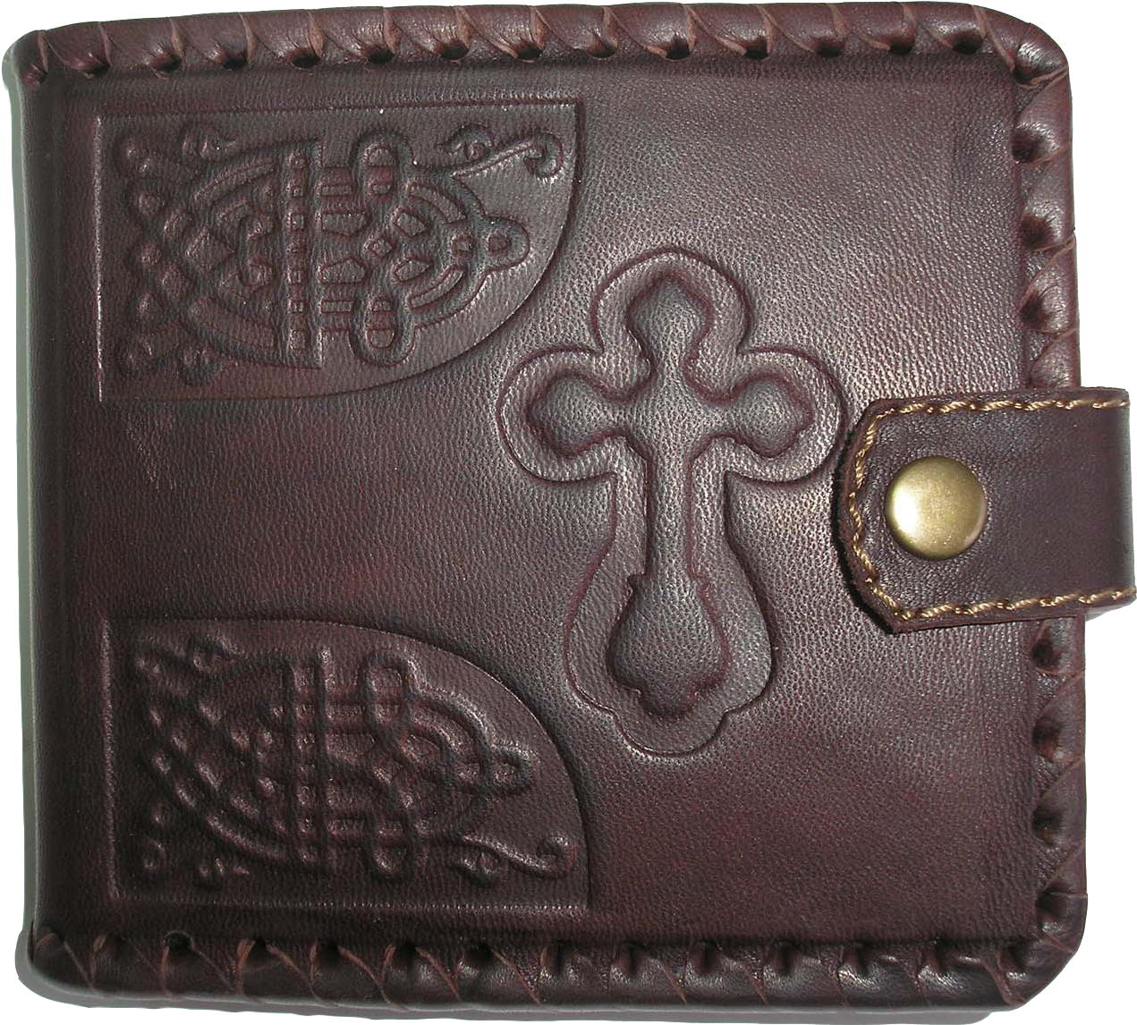 A Brown Leather Wallet With A Cross On It