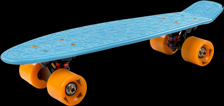 A Blue Skateboard With Orange Wheels