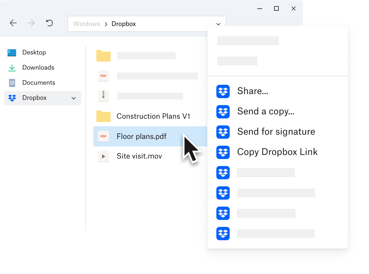 The PDF “Floor plans.pdf” is selected from the Dropbox folder on a user’s desktop. The right click menu is shown with many options, like Share, Send a copy, Send for signature, Copy Dropbox link, and more. 