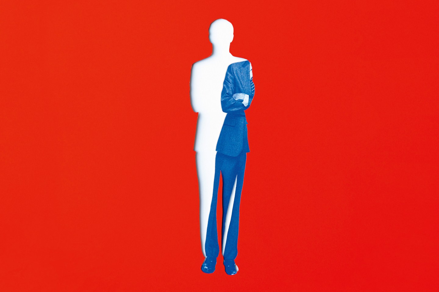 A photo illustration shows a person in a suit slipping out of an image, as if cut out, leaving a blank space