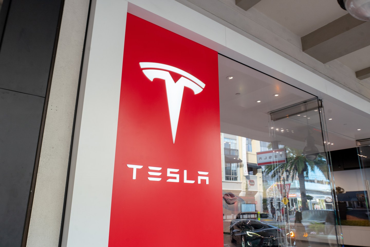 Logo is visible on facade at Tesla Motors store on Santana Row in the Silicon Valley, San Jose, California, December 14, 2019. (Photo by Smith Collection/Gado/Getty Images)