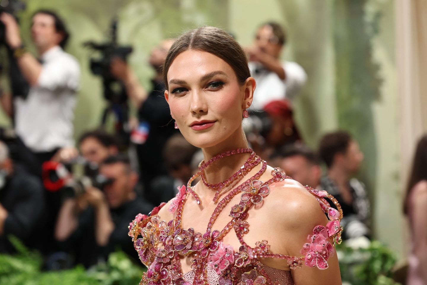 Closeup image of model Karlie Kloss in ball gown