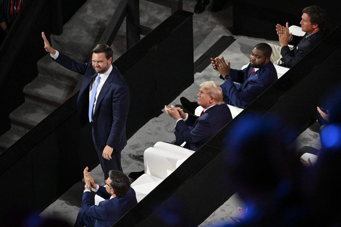 J.D. Vance greets the crowd at the Republican National Convention in Milwaukee in July.