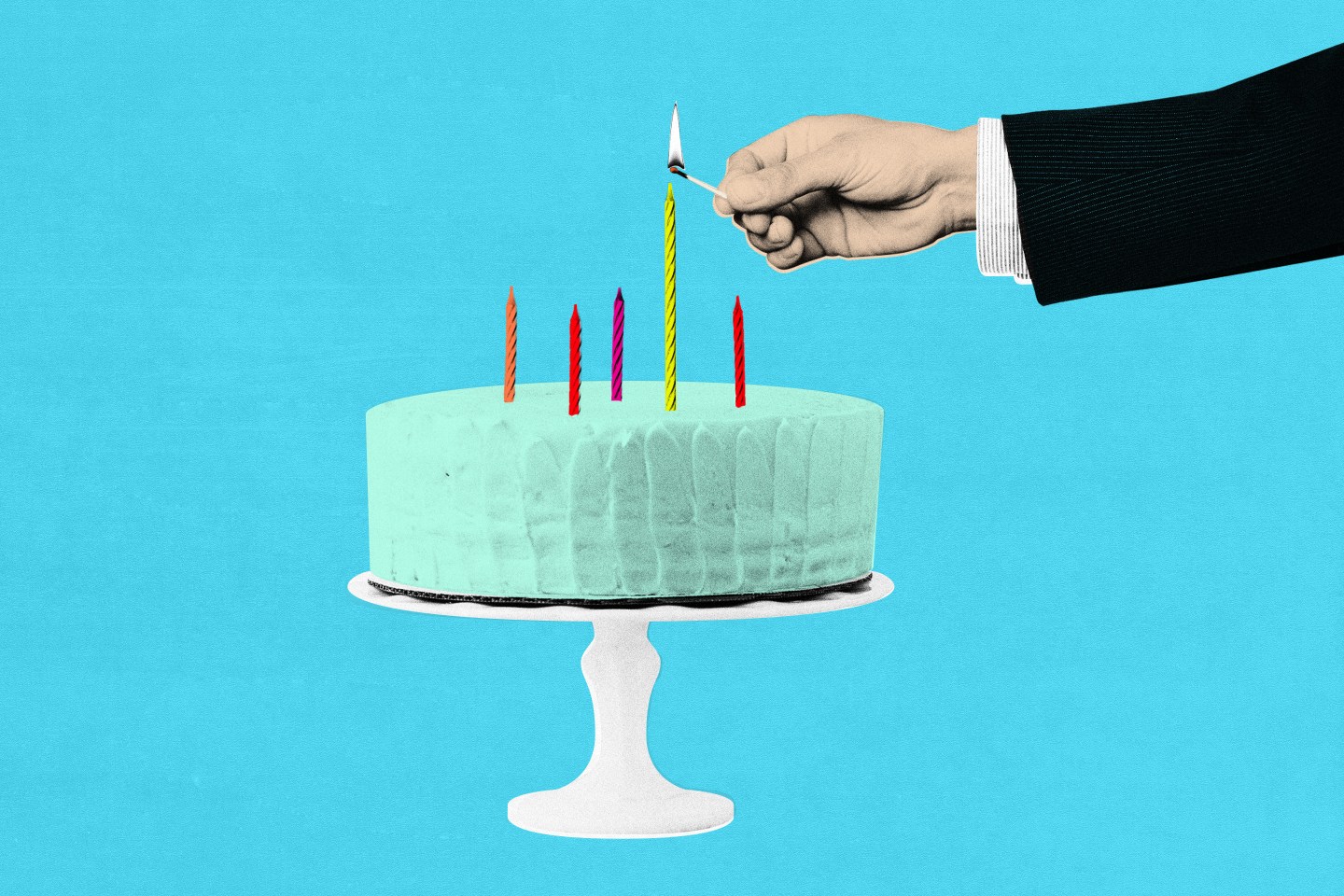 Photo illustration of man's arm in suit lighting birthday candles on cake.
